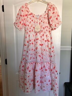LoveShackFancy White Dress with Pink and Red Floral Print